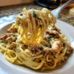 A fork lifting creamy fettuccine noodles coated in Alfredo sauce with pieces of chicken, making our chicken fettuccine alfredo.