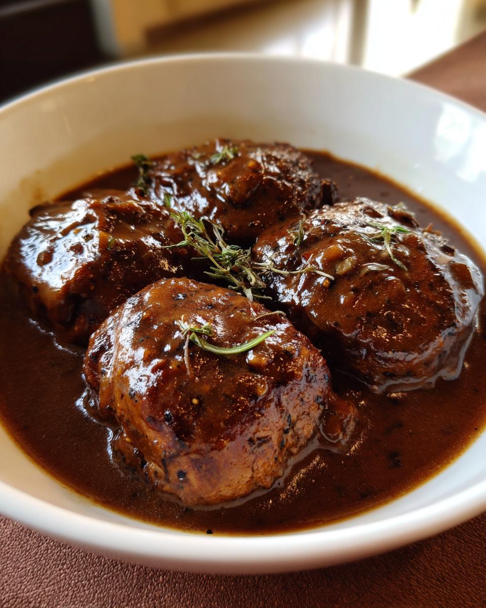 Four perfectly cooked Salisbury steak patties smothered in rich brown gravy and garnished with fresh thyme.