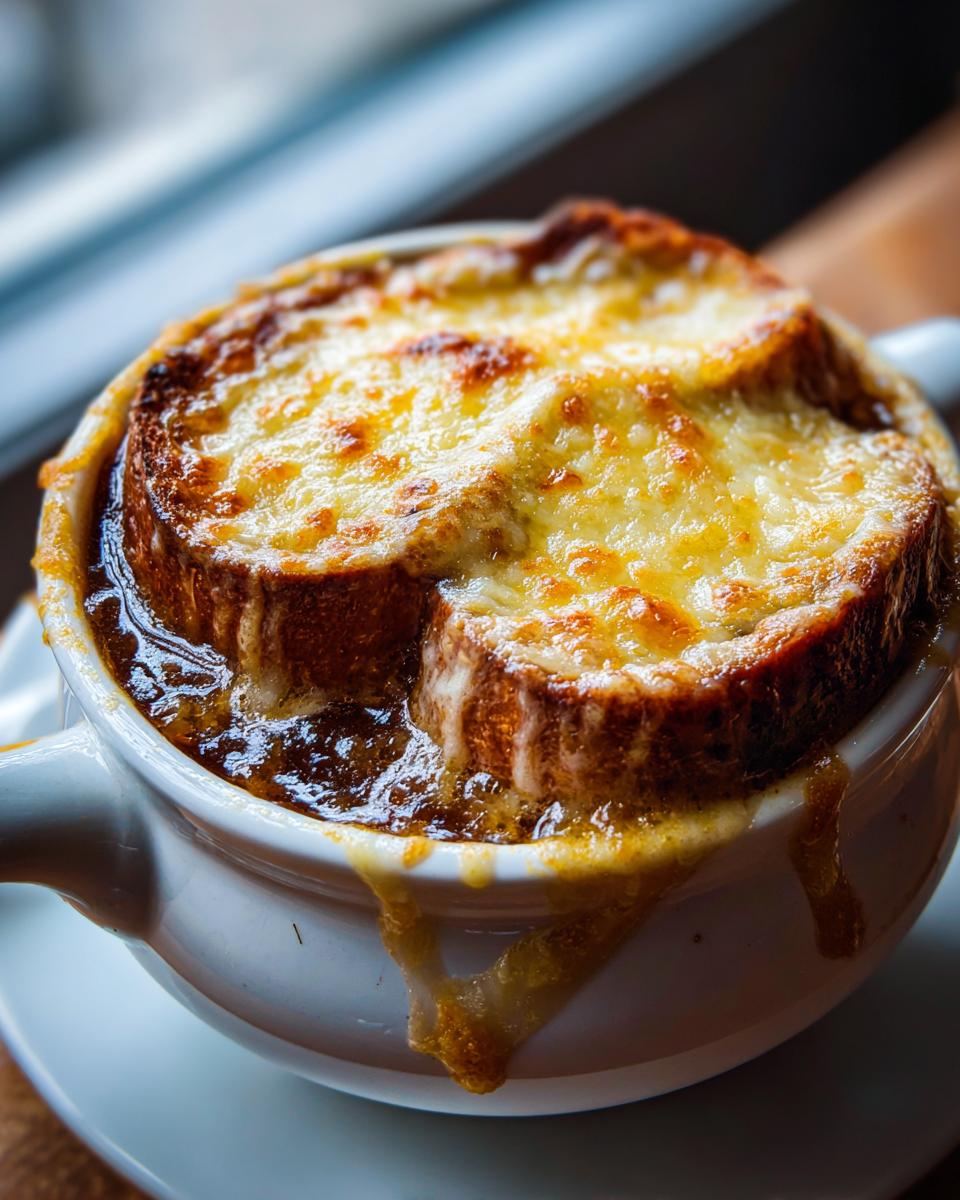 Close-up of a piping hot bowl of french onion soup recipe topped with a thick, melted, golden-brown cheese layer over toasted bread.