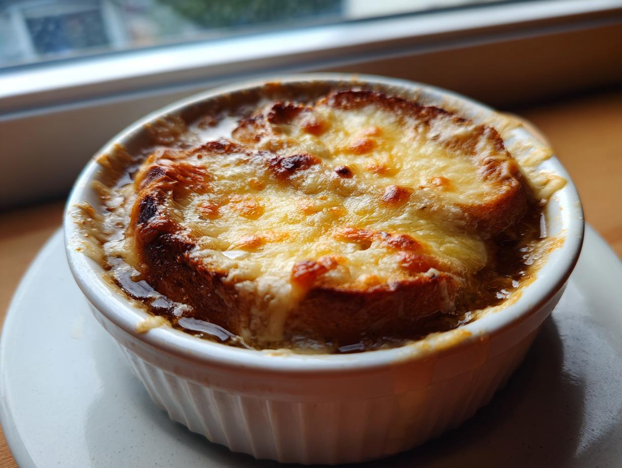 A close-up of a bubbling french onion soup recipe served in a white crock with a thick layer of melted, browned cheese over toast.