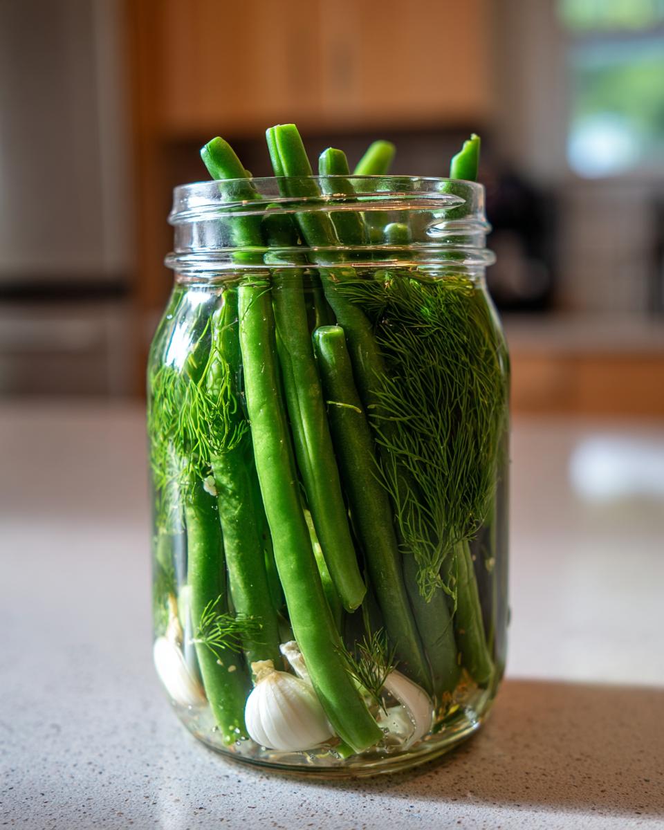 A glass jar filled with fresh green beans, dill fronds, and garlic cloves, ready to become dilly beans.
