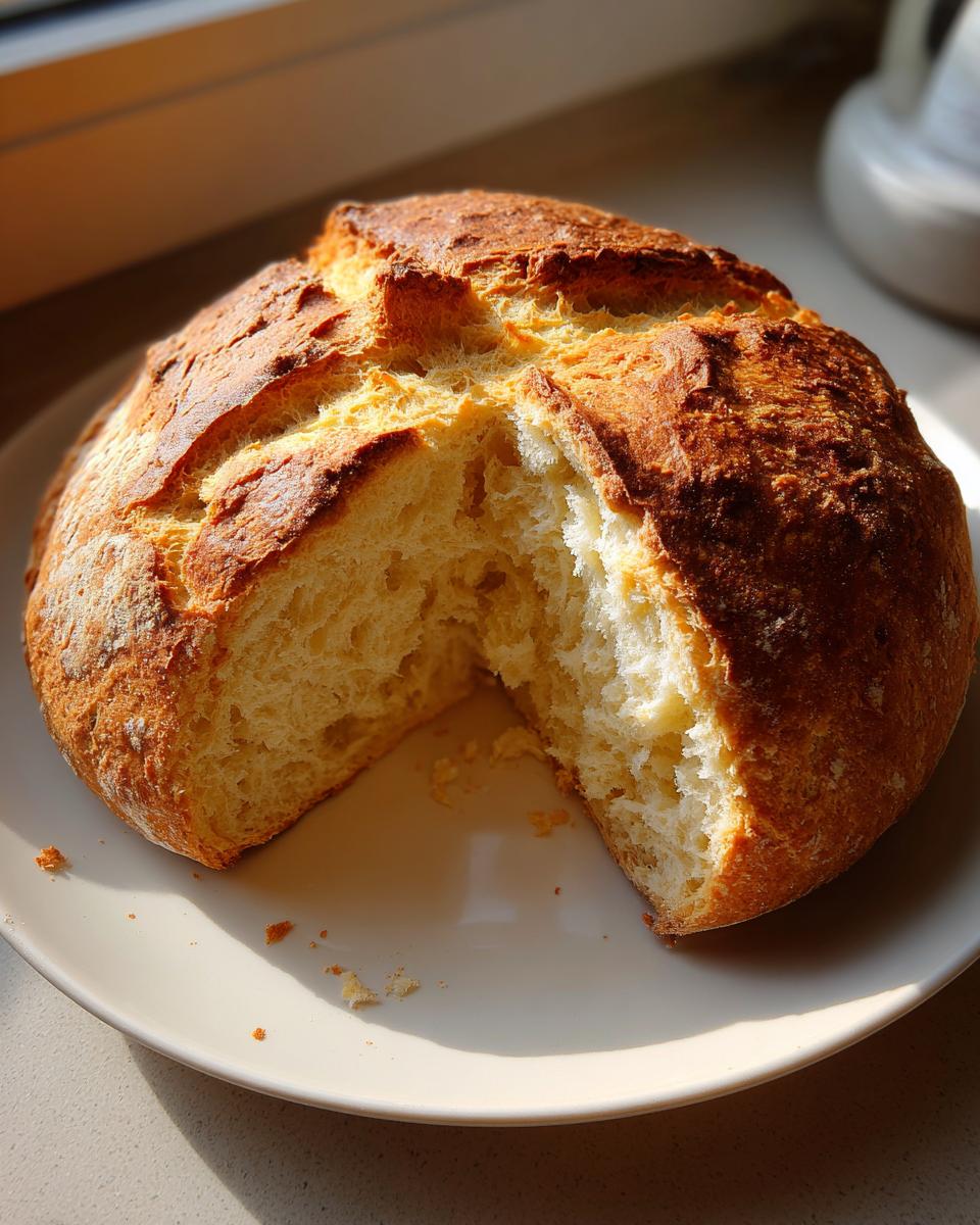A round loaf of homemade soda bread, cut open to show the soft interior and golden crust.