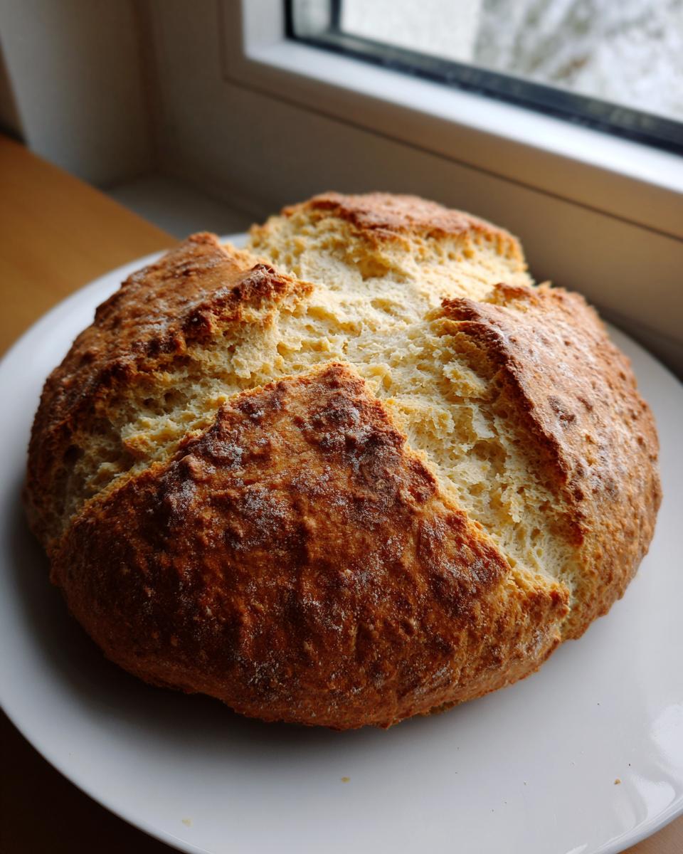 A golden brown, round loaf of homemade soda bread resting on a white plate near a window.