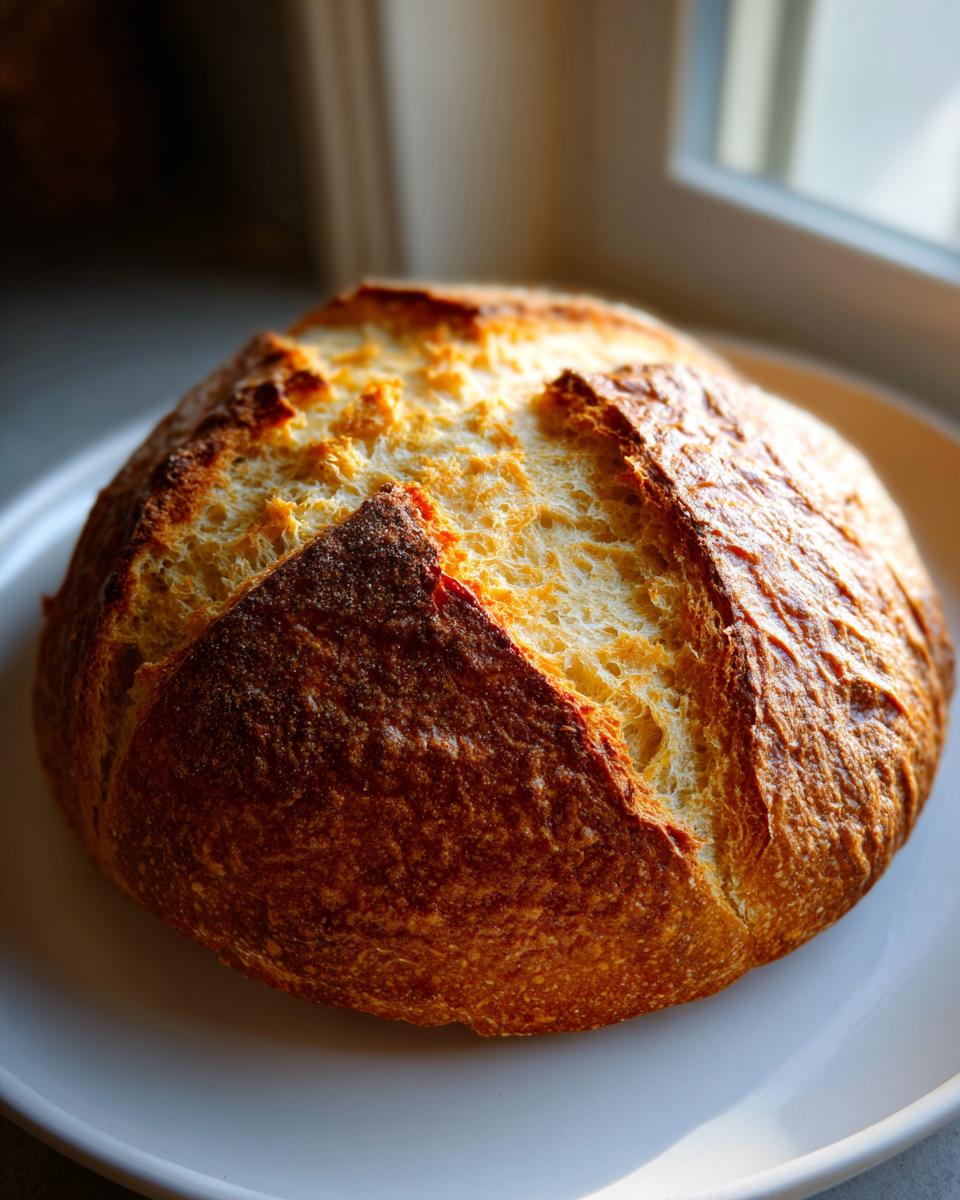 A golden-brown, crusty round loaf of homemade soda bread sitting on a white plate near a window.