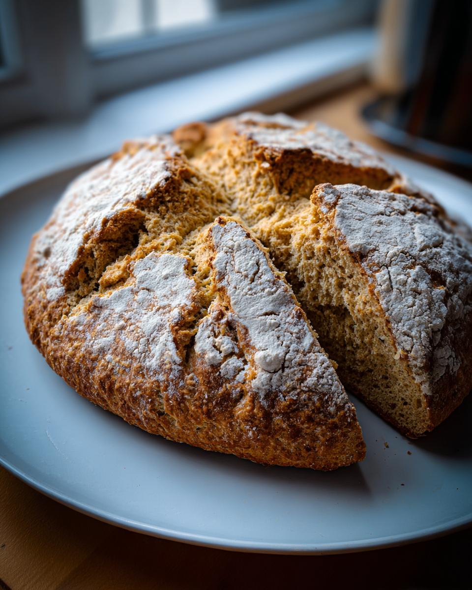 A rustic, round loaf of freshly baked soda bread, dusted with flour and cut into wedges, resting on a light blue plate.