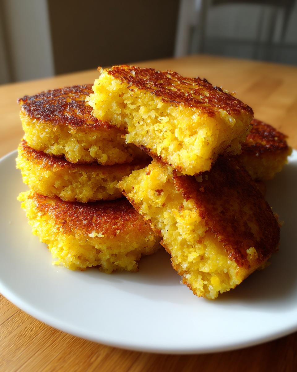 A stack of golden yellow, perfectly browned fried cornbread squares, with one piece broken open to show the texture.
