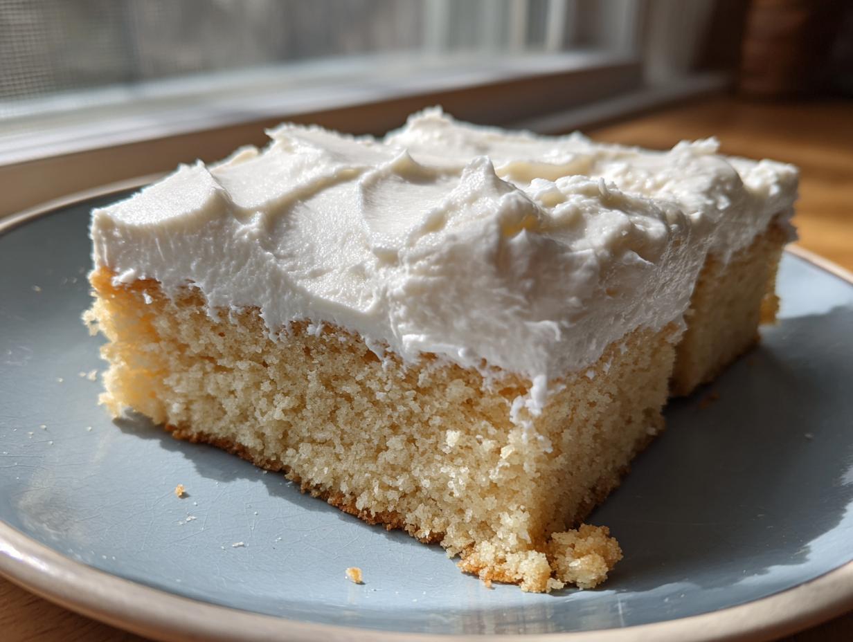 Close-up of a thick slice of soft sugar cookie bars topped with fluffy white frosting, sitting on a blue plate.