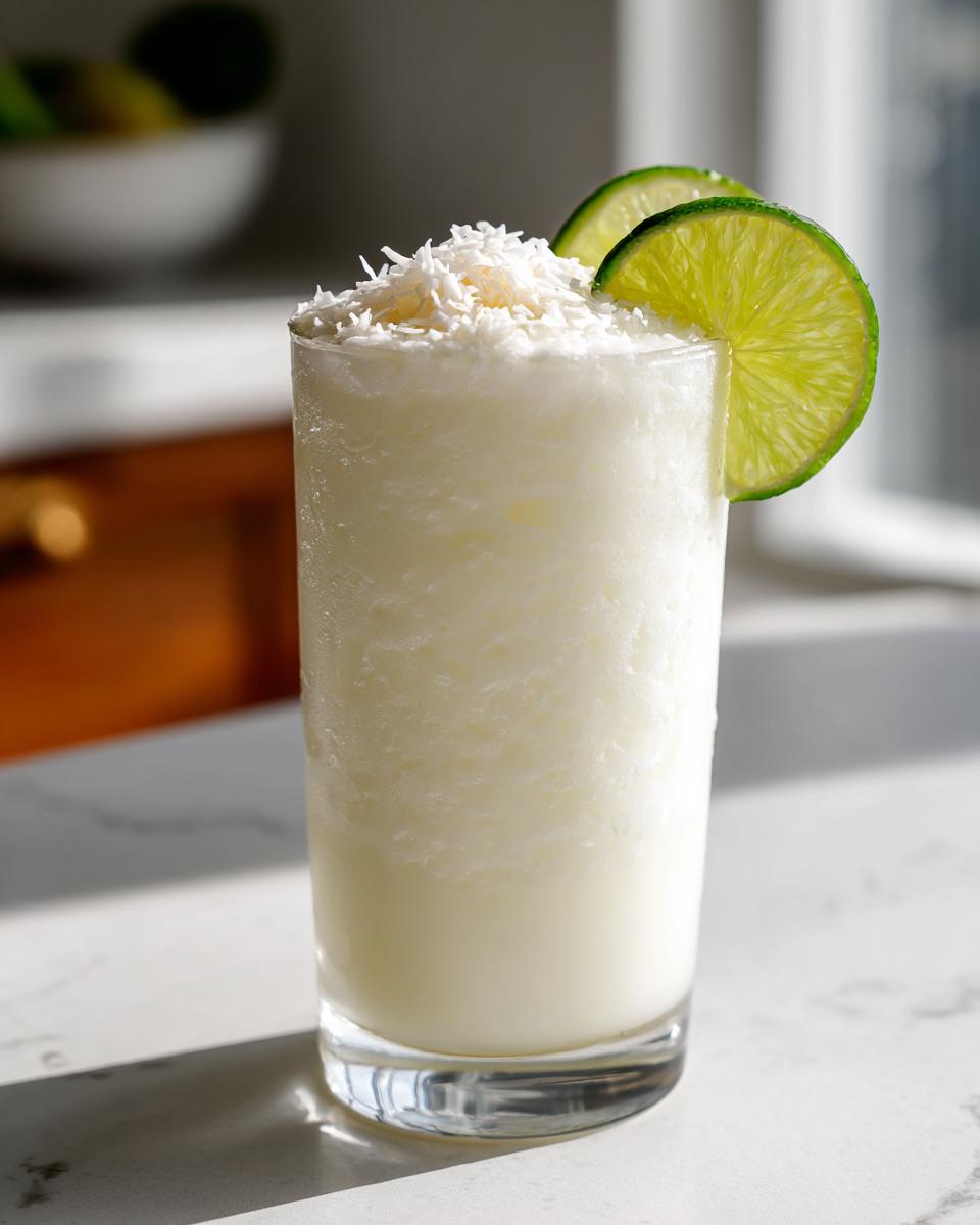 A tall glass of frozen white Christmas margarita topped with shredded coconut and garnished with lime slices.