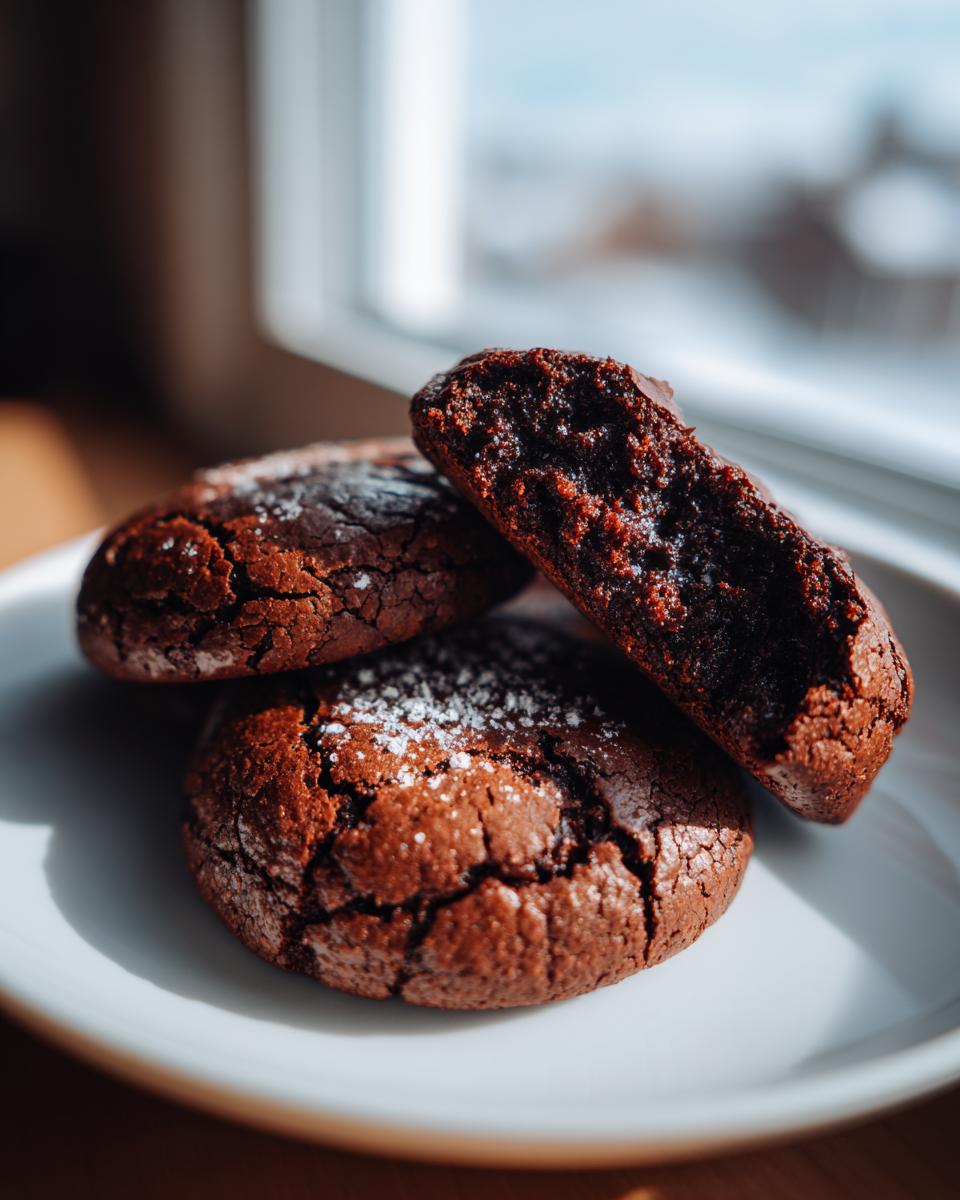 Three rich, dark chocolate brownie cookies, one broken open to show the fudgy interior, dusted with powdered sugar.