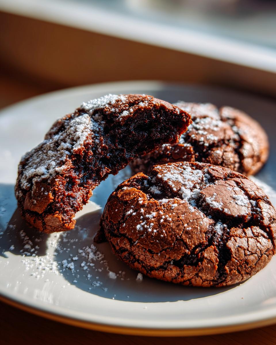 Three rich, dark chocolate brownie cookies dusted with powdered sugar, one cookie is broken open showing a fudgy interior.