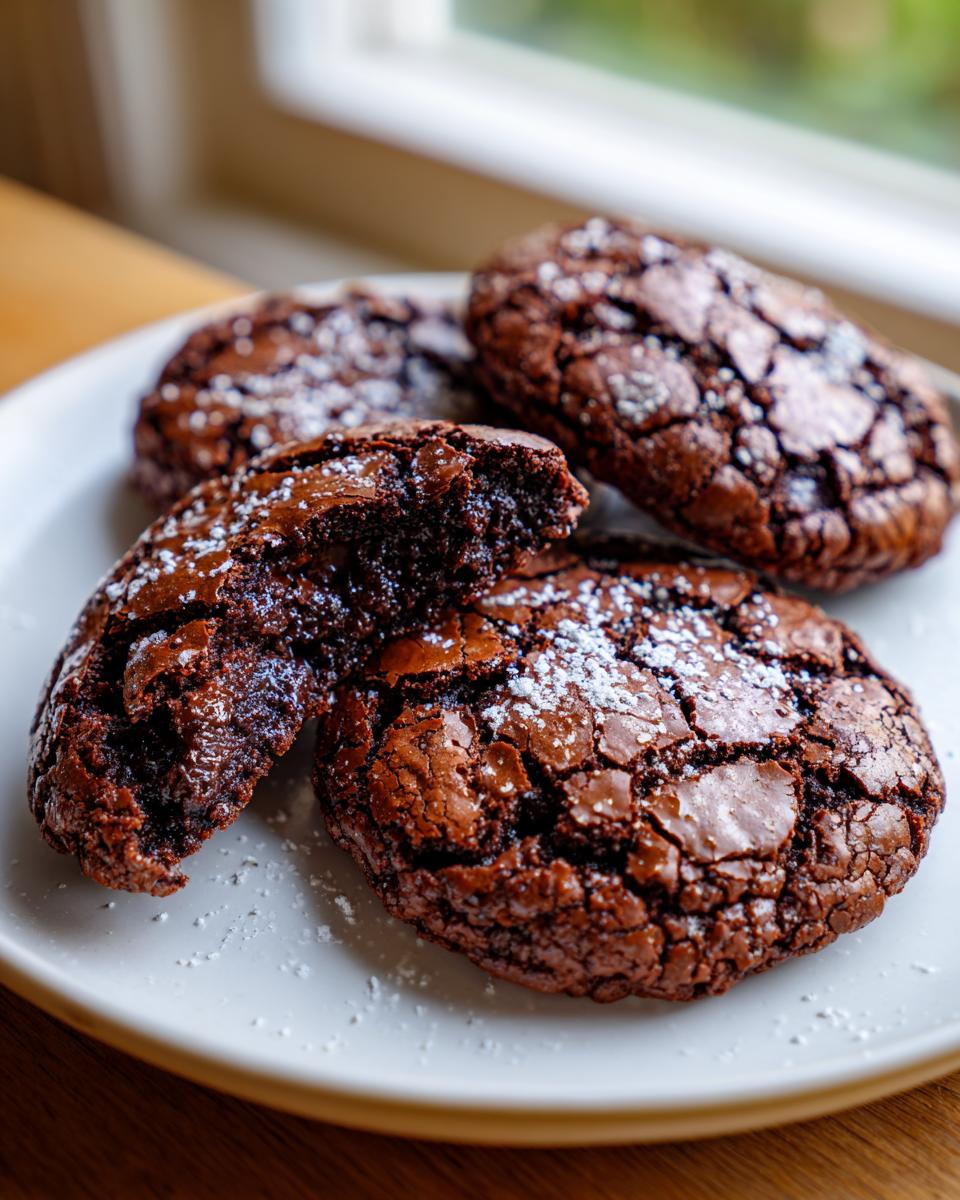 Close-up of fudgy chocolate brownie cookies, one broken open to show the gooey center, dusted with powdered sugar.