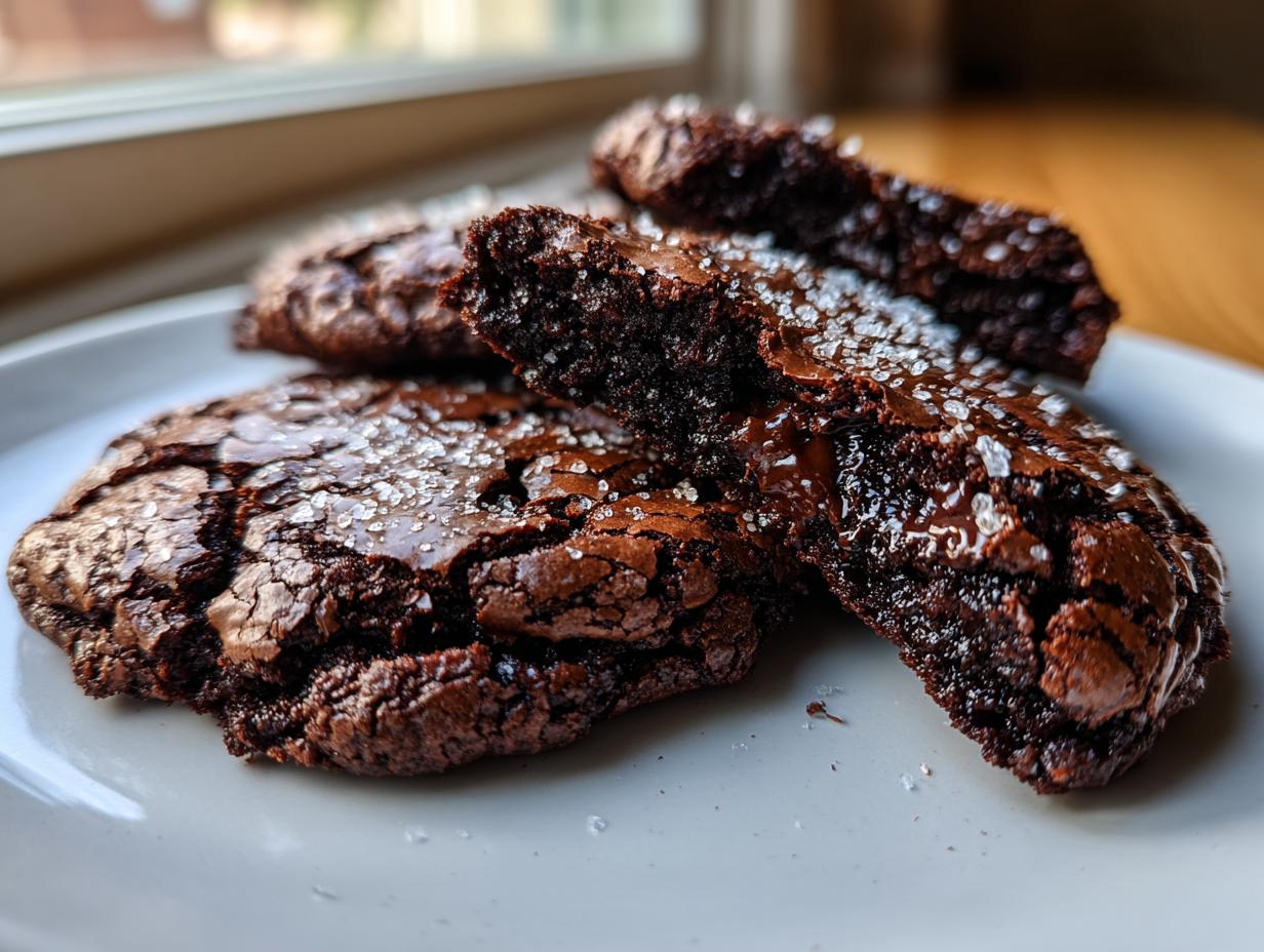 Close-up of fudgy chocolate brownie cookies topped with flaky sea salt, one cookie broken in half.