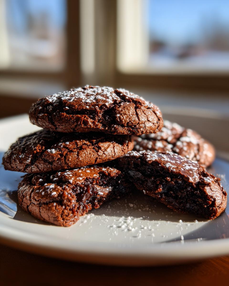 A stack of rich, fudgy chocolate brownie cookies dusted with powdered sugar, one cookie is broken open.