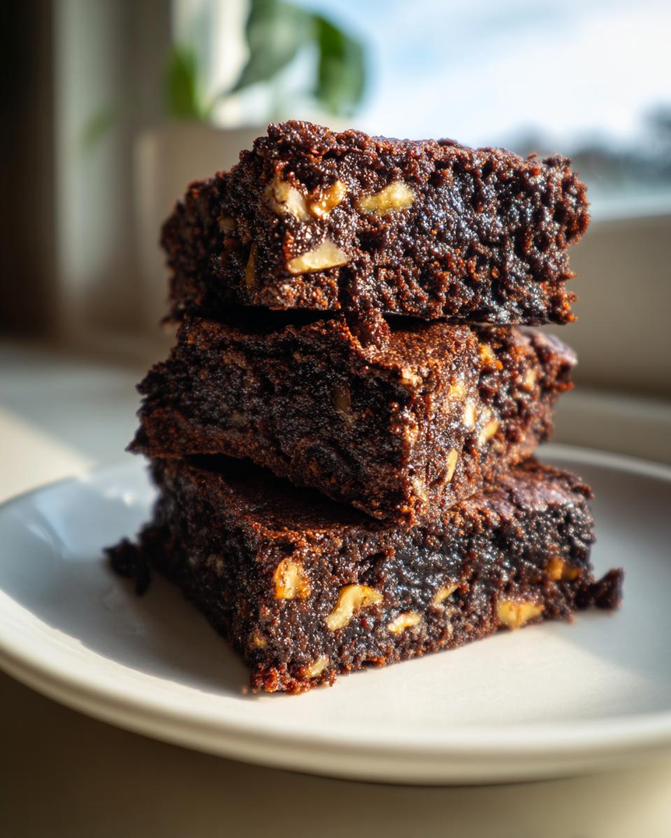 A stack of three fudgy date brownies, studded with walnuts, sitting on a white plate near a window.