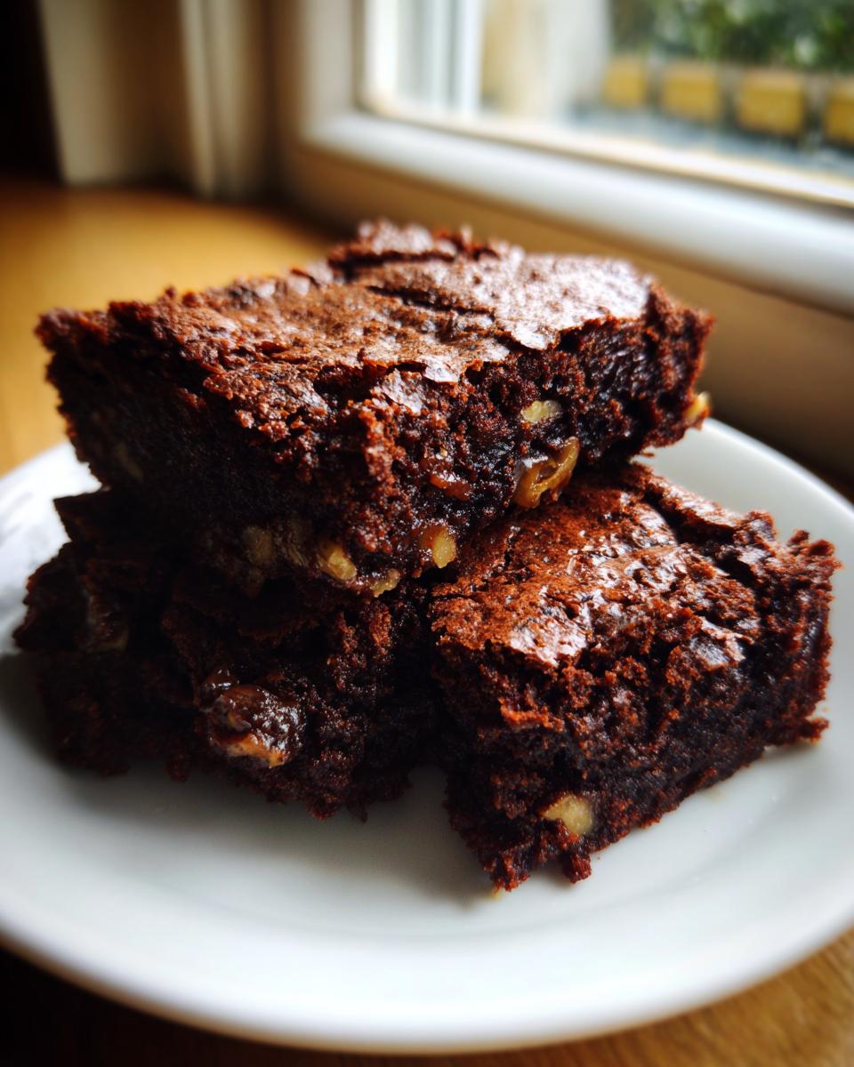 Three fudgy date brownies stacked on a white plate, showing a shiny, cracked top and visible nuts.