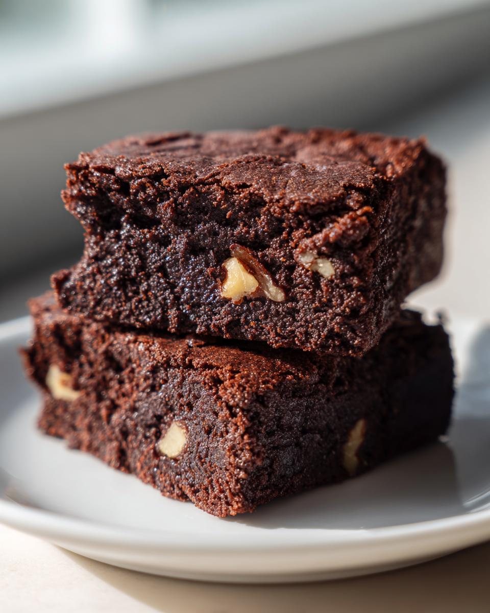 Two fudgy date brownies stacked on a white plate, showing visible nuts inside the rich chocolate texture.