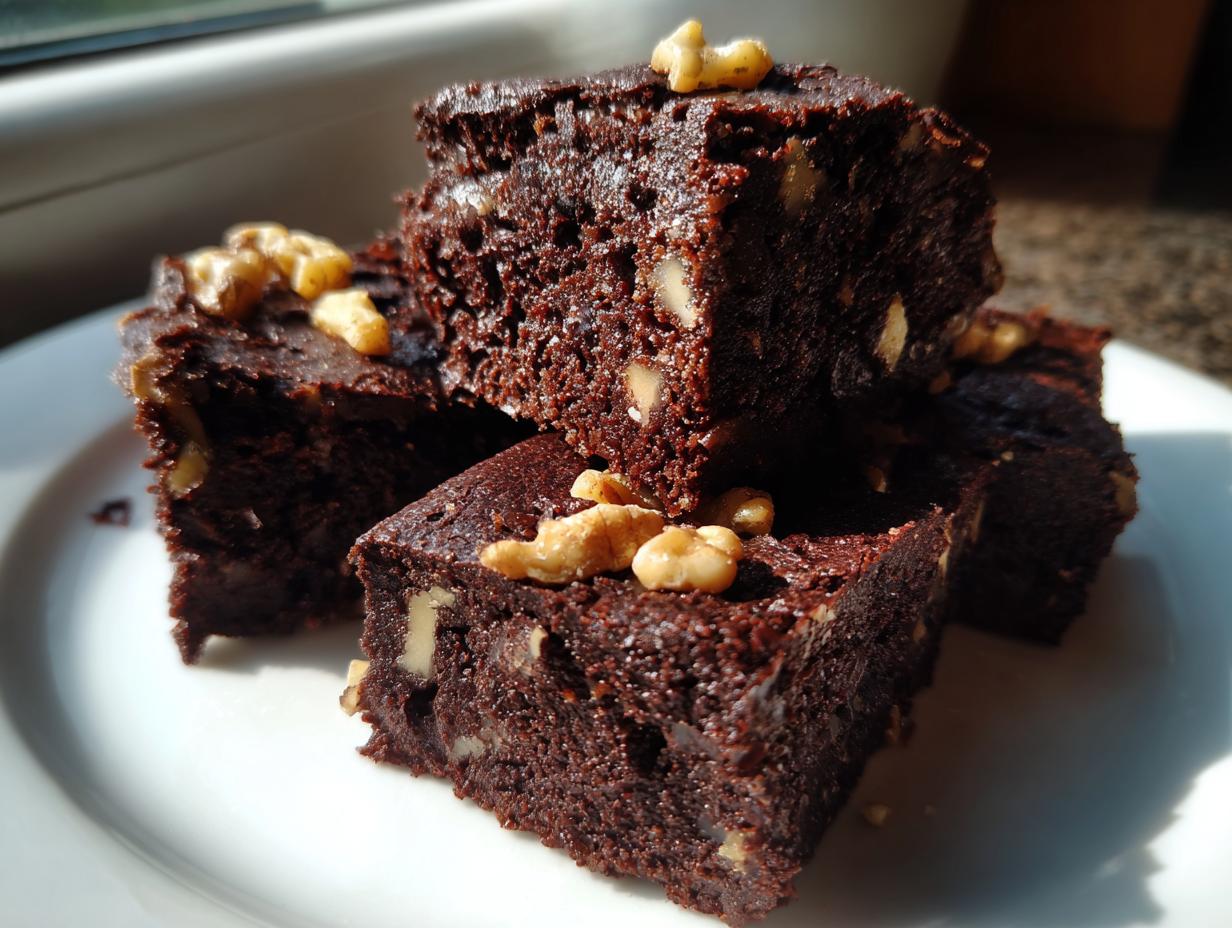 Close-up of fudgy date brownies stacked on a white plate, topped with walnuts.