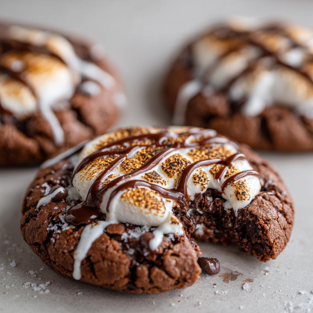 Close-up of a rich, dark hot chocolate cookies with a toasted marshmallow topping drizzled with chocolate sauce.