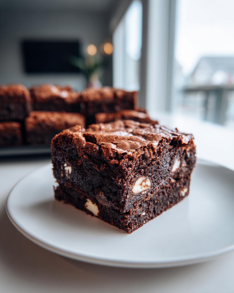 Close-up of a fudgy Oreo brownie square with white chunks, sitting on a white plate.