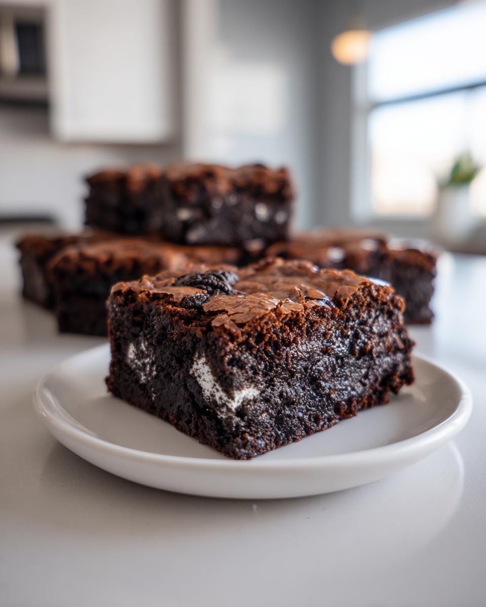Close-up of a fudgy oreo brownies slice on a white plate showing the rich chocolate texture and white cream filling.