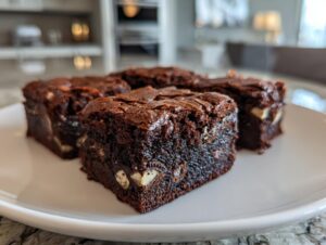 Close-up of fudgy oreo brownies squares with visible white cookie pieces, sitting on a white plate.