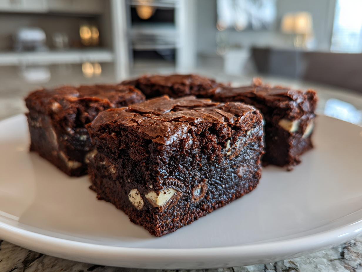 Close-up of fudgy oreo brownies squares with visible white cookie pieces, sitting on a white plate.