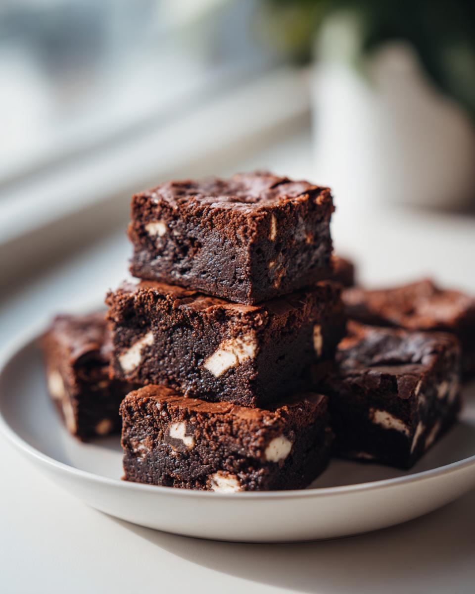 A stack of rich, fudgy oreo brownies studded with white cream filling pieces, served on a white plate.