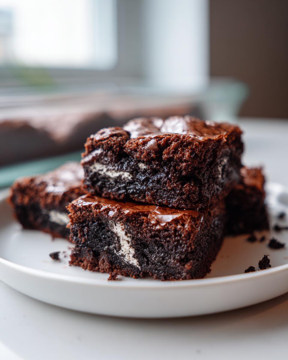 Close-up of stacked, fudgy oreo brownies with visible white cream filling on a white plate.
