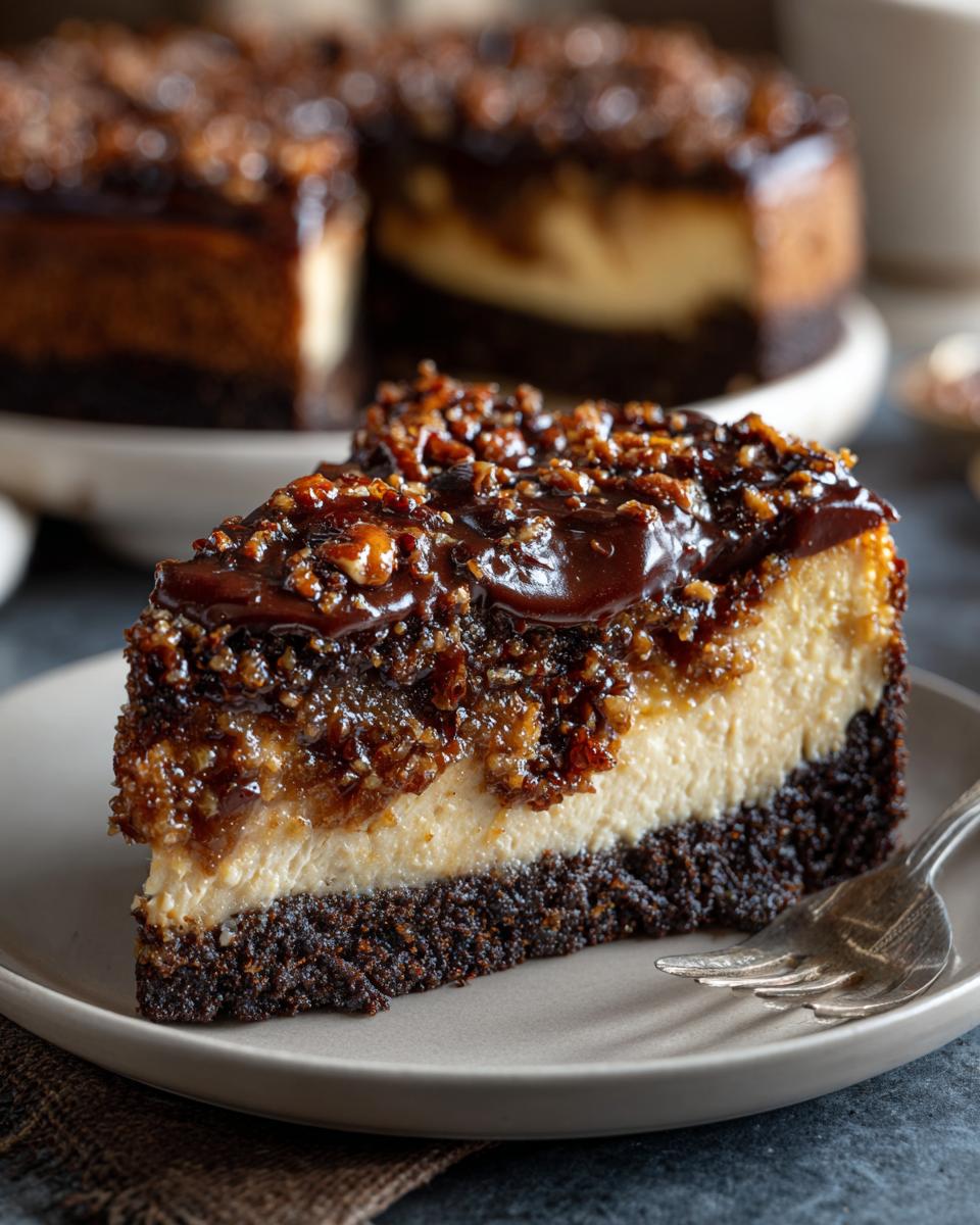 Close-up of a slice of german chocolate cheesecake with a dark crust, creamy filling, and pecan topping.