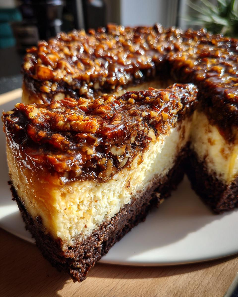 A close-up of a slice of german chocolate cheesecake showing the dark chocolate crust, creamy filling, and pecan topping.