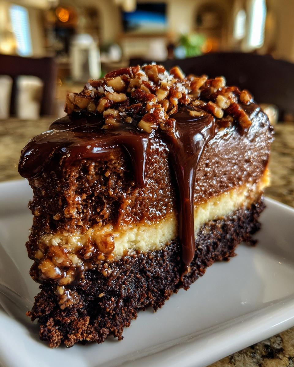 Close-up of a decadent slice of german chocolate cheesecake with chocolate drizzle and pecans.