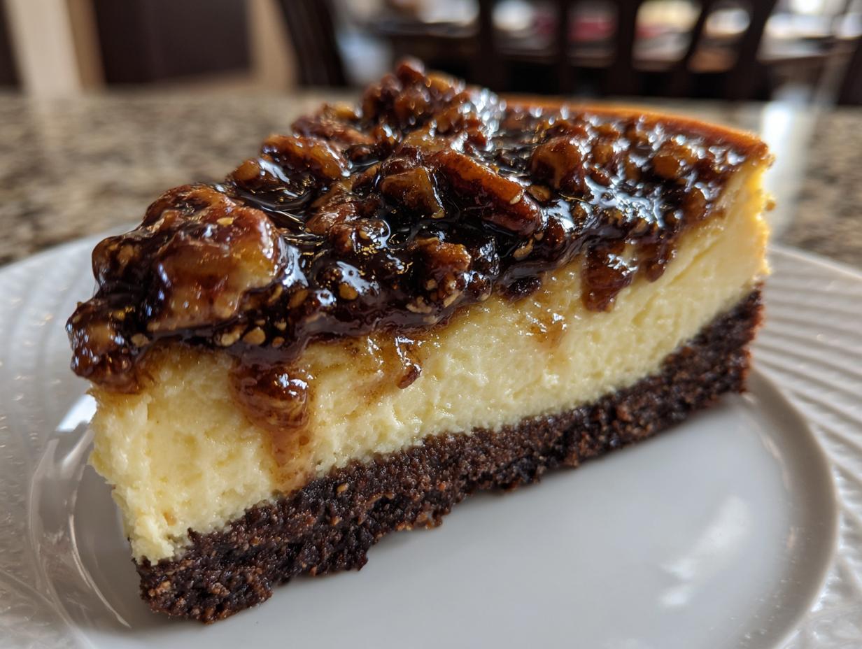 Close-up of a rich slice of german chocolate cheesecake with a dark crust and pecan topping.