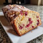 Close-up of a loaf of cranberry orange bread, drizzled with white glaze, with one slice cut to show the moist interior.