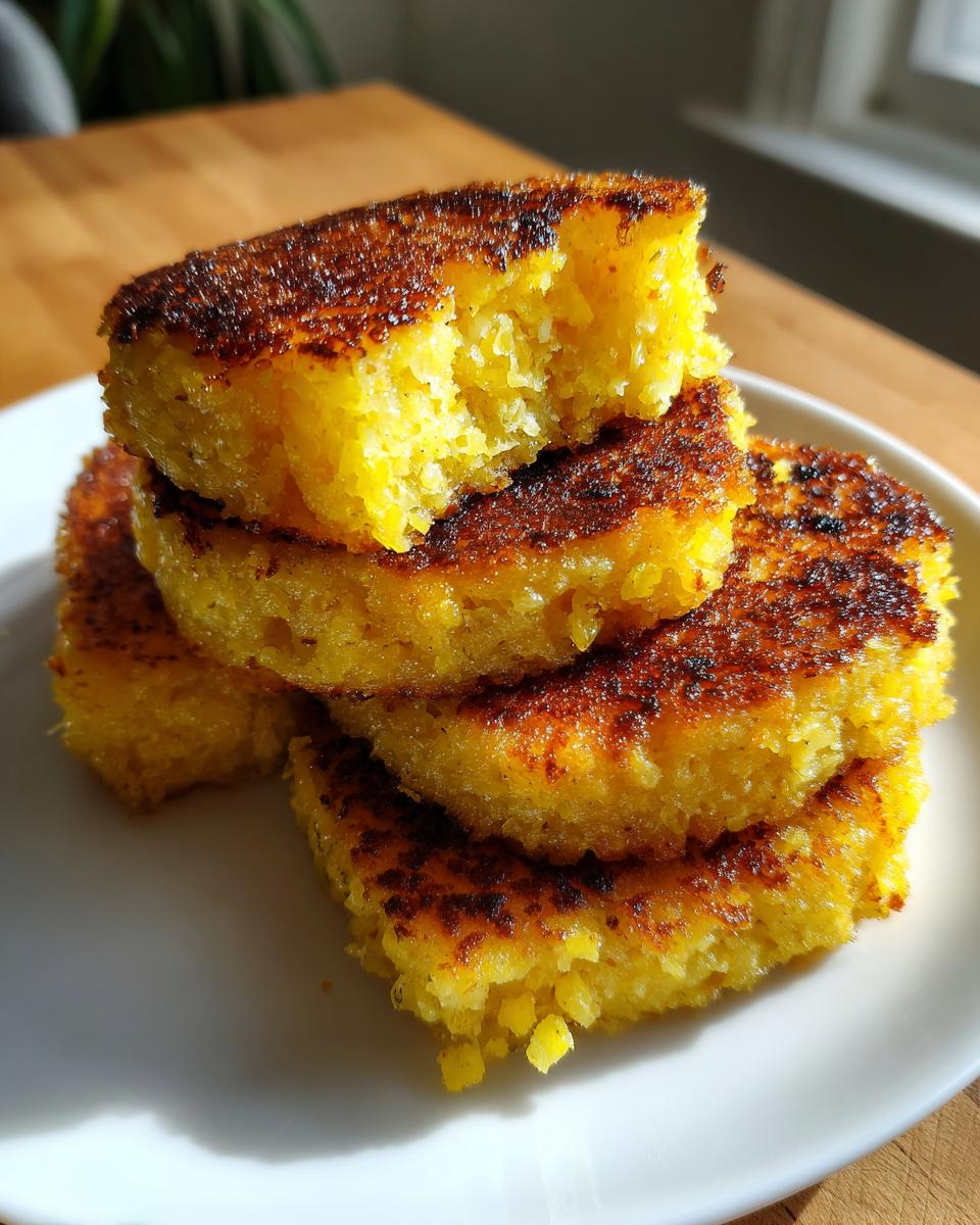 A stack of golden yellow, square pieces of fried cornbread with dark, crispy edges, one piece broken open.