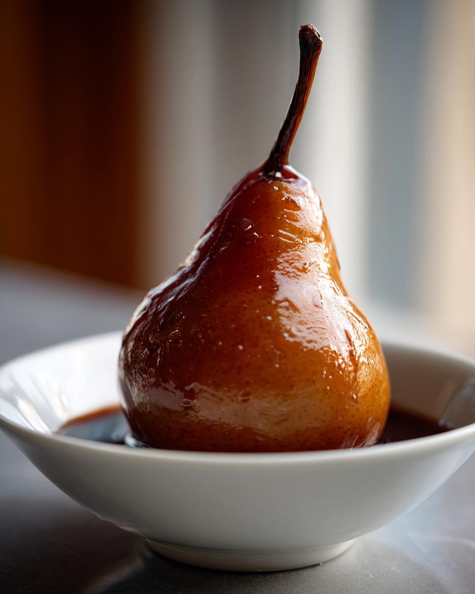 A single, whole poached pear, deeply caramelized and glossy, sitting in dark syrup in a white bowl.