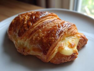 A close-up of a golden brown, flaky baked ham and cheese croissant with melted cheese oozing out.