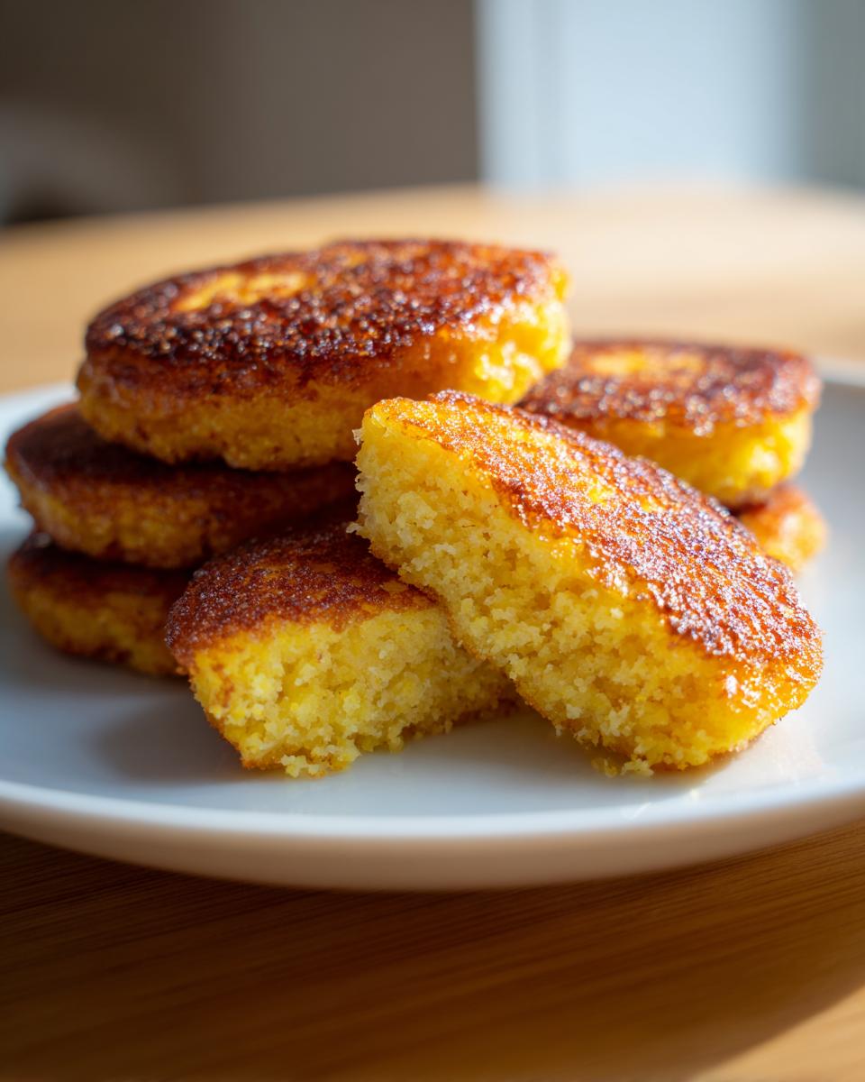 Close-up of several golden brown fried cornbread patties stacked on a white plate, showing the moist interior texture.