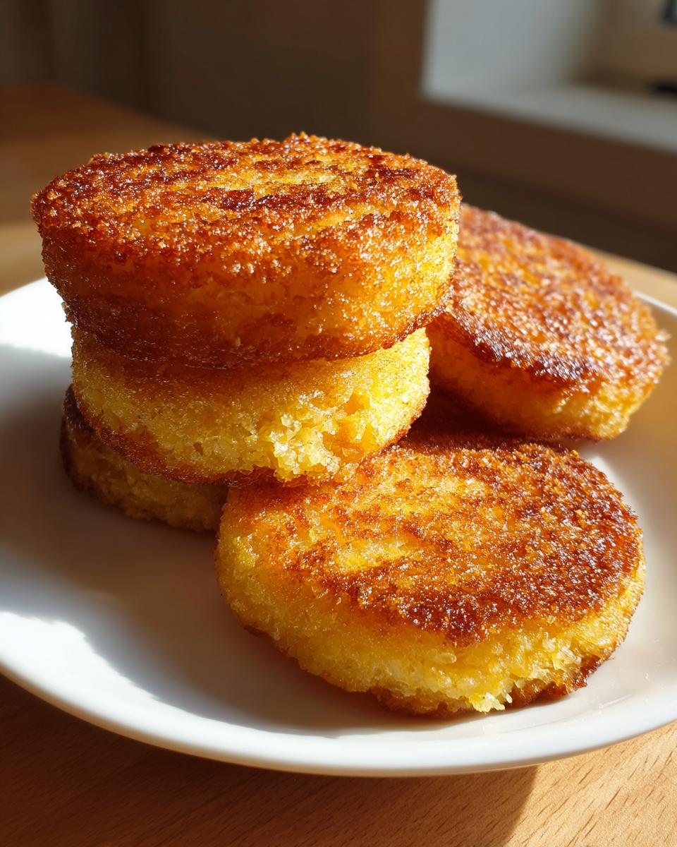 A stack of four golden brown, circular pieces of fried cornbread sitting on a white plate.