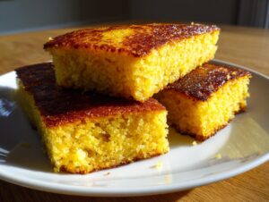 Three golden, moist slices of fried cornbread stacked on a white plate, featuring a dark, caramelized crust.