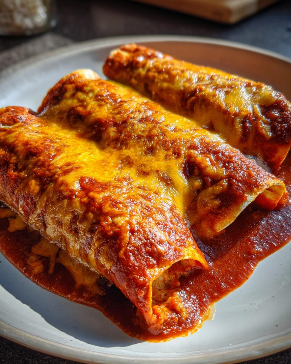 Close-up of two baked cheese enchiladas smothered in rich red sauce and melted, bubbly cheese.