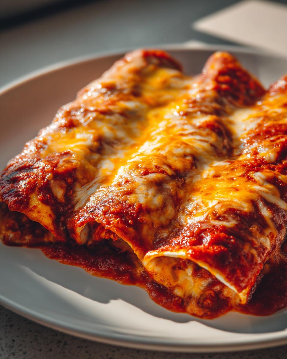 Close-up of three baked cheese enchiladas smothered in red sauce and melted, gooey cheese.
