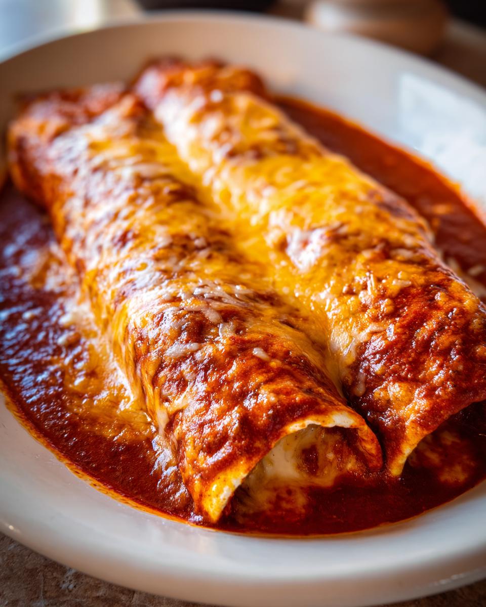 Close-up of two rolled cheese enchiladas smothered in red sauce and melted, gooey cheese.