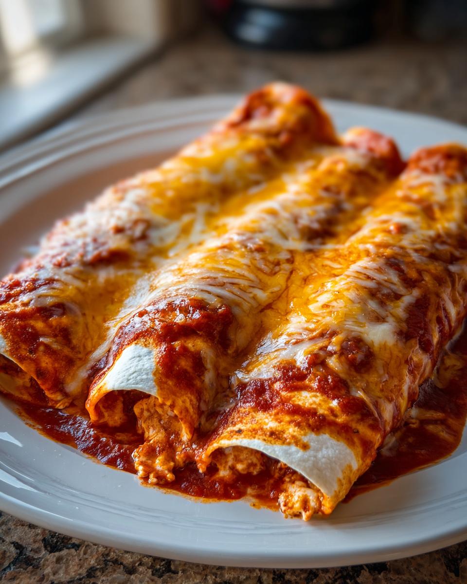 Three rolled cheese enchiladas smothered in red sauce and topped with melted, gooey cheddar and Monterey Jack cheese.