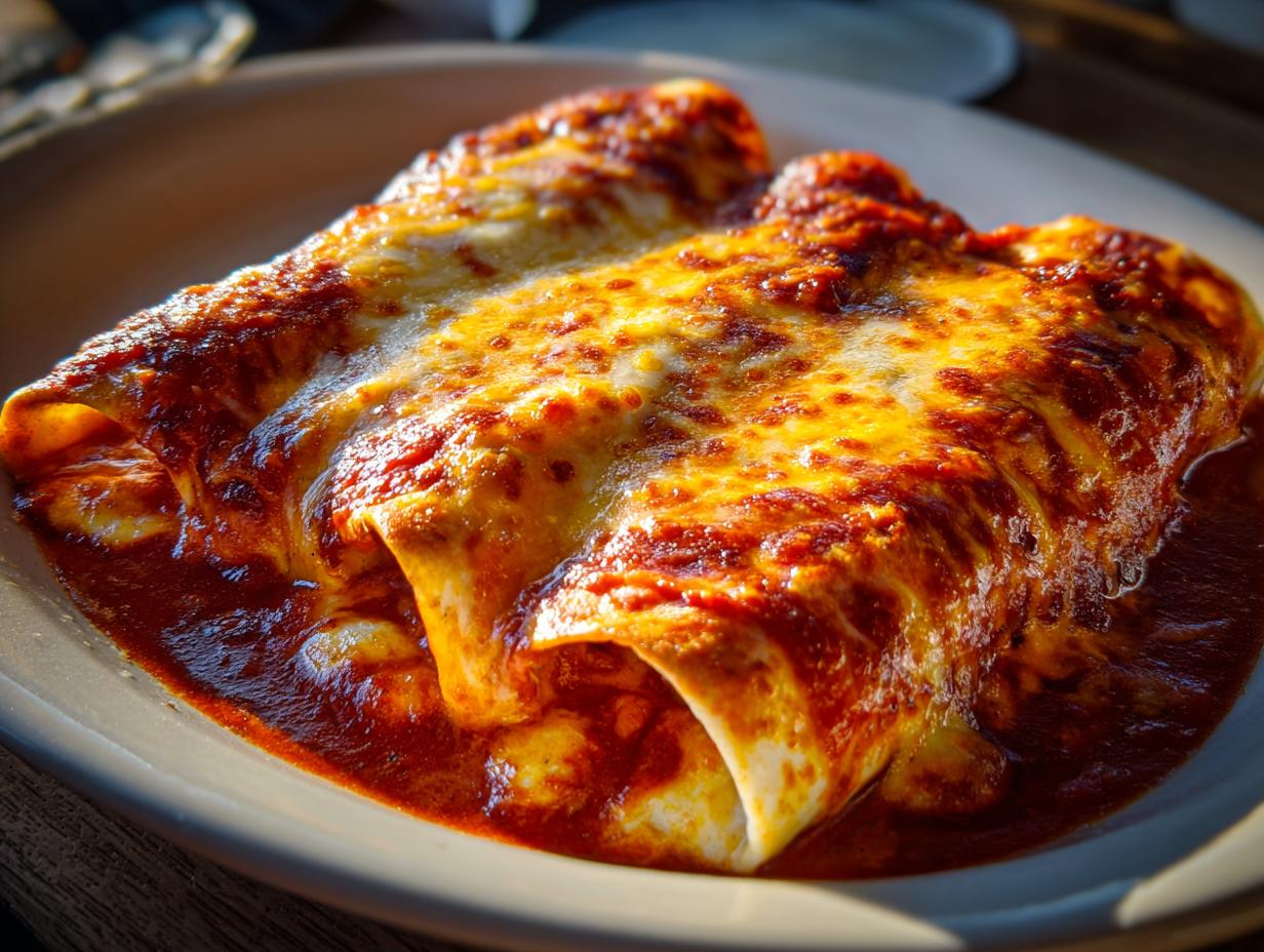 Close-up of two baked cheese enchiladas smothered in bubbling red sauce and melted, golden cheese.