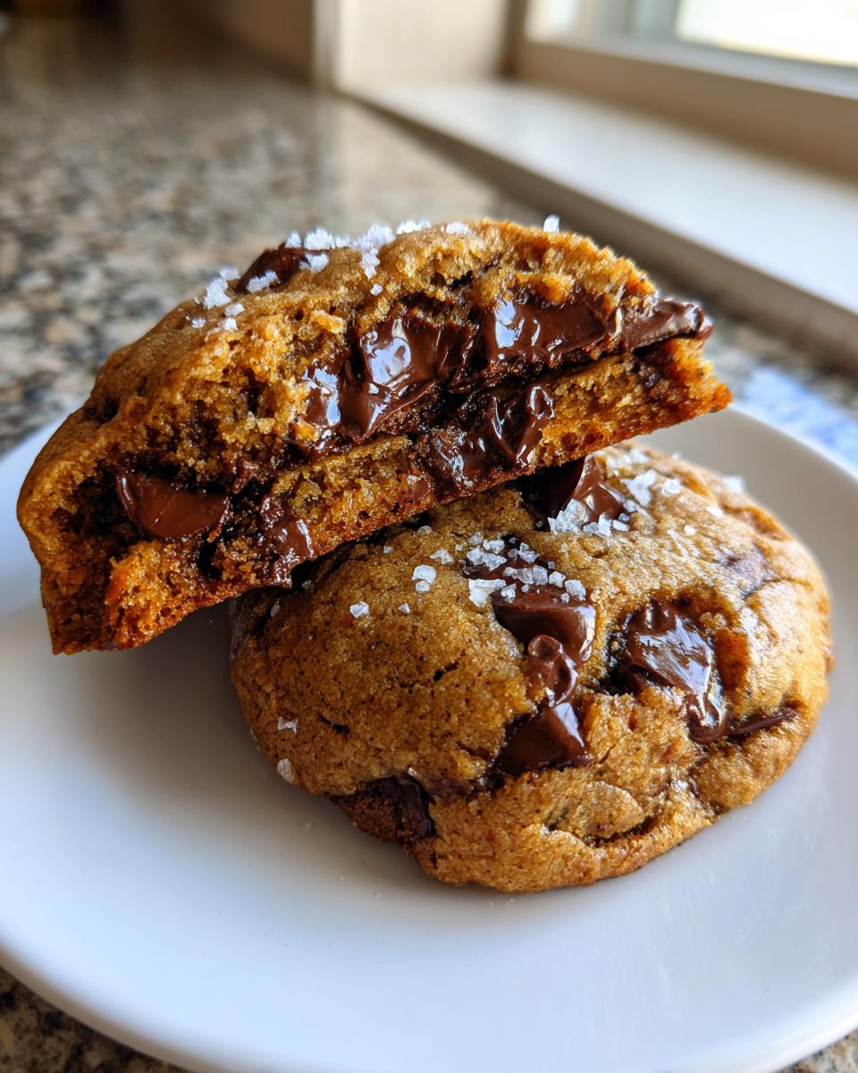 Close-up of a gooey chocolate chip cookie cut in half showing melted chocolate, sprinkled with sea salt.