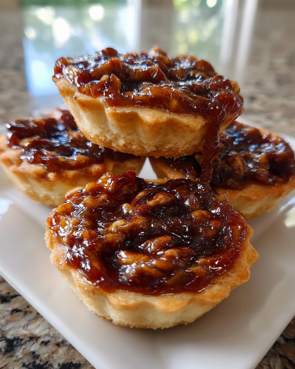 Close-up of four gooey pecan pie cookies stacked on a white plate, featuring a rich, caramelized pecan topping.
