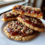 Close-up of three decadent pecan pie cookies stacked, showing the gooey caramel topping and chopped pecans.