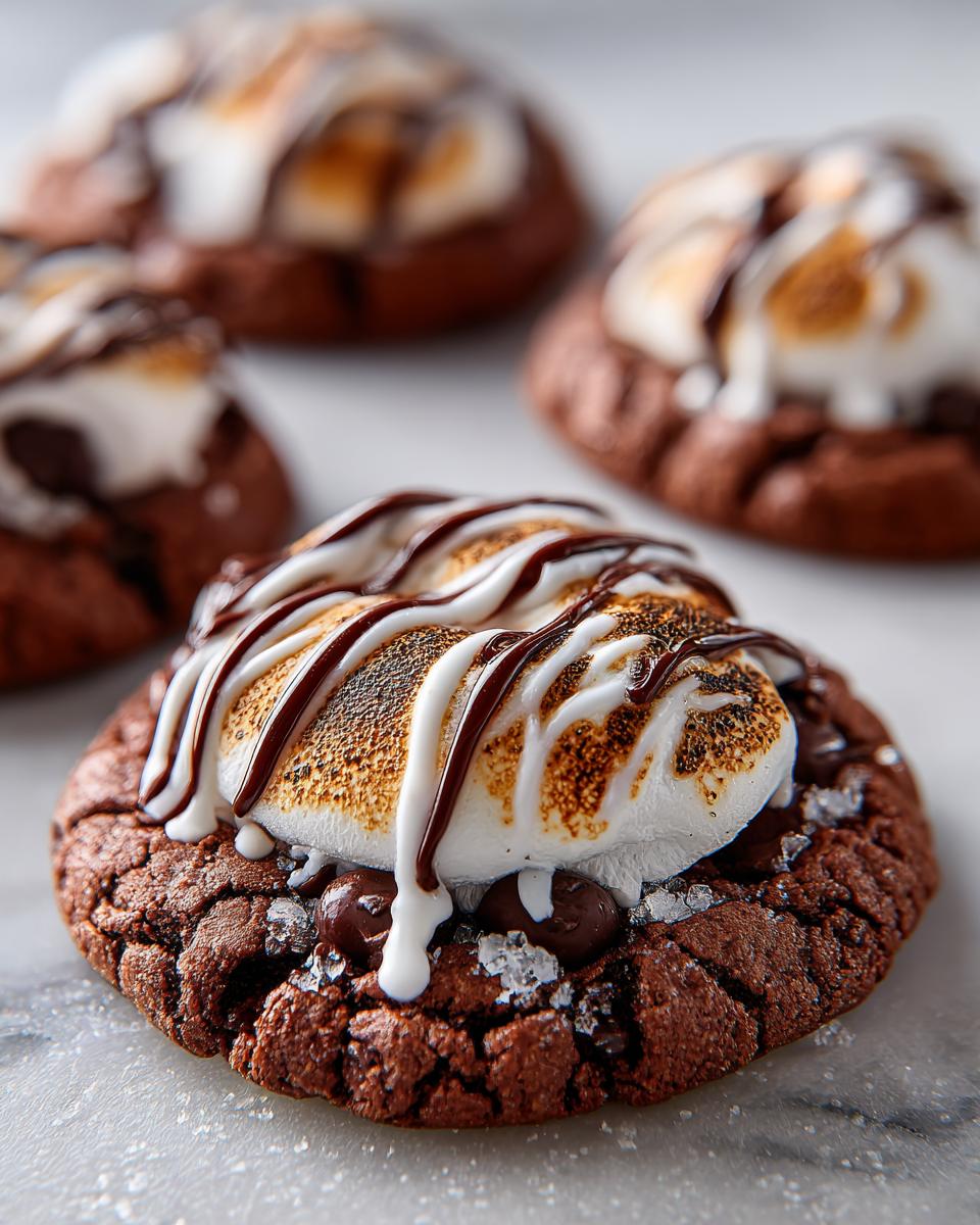 A close-up of a decadent hot chocolate cookie topped with a toasted marshmallow, chocolate drizzle, and sea salt.