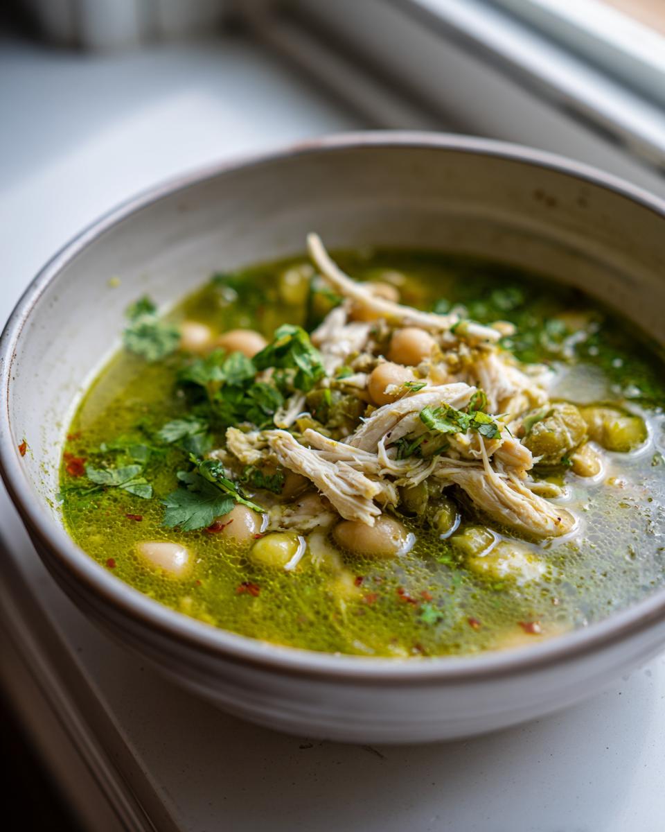 Close-up of a bowl of vibrant green chicken pozole topped with shredded chicken, white hominy, and fresh cilantro.