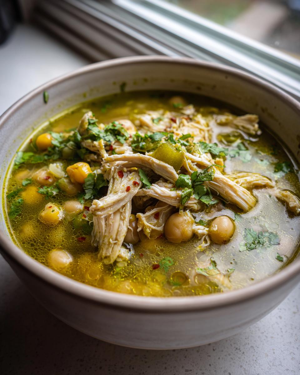 Close-up of a bowl of green chicken pozole featuring shredded chicken, chickpeas, and cilantro garnish.